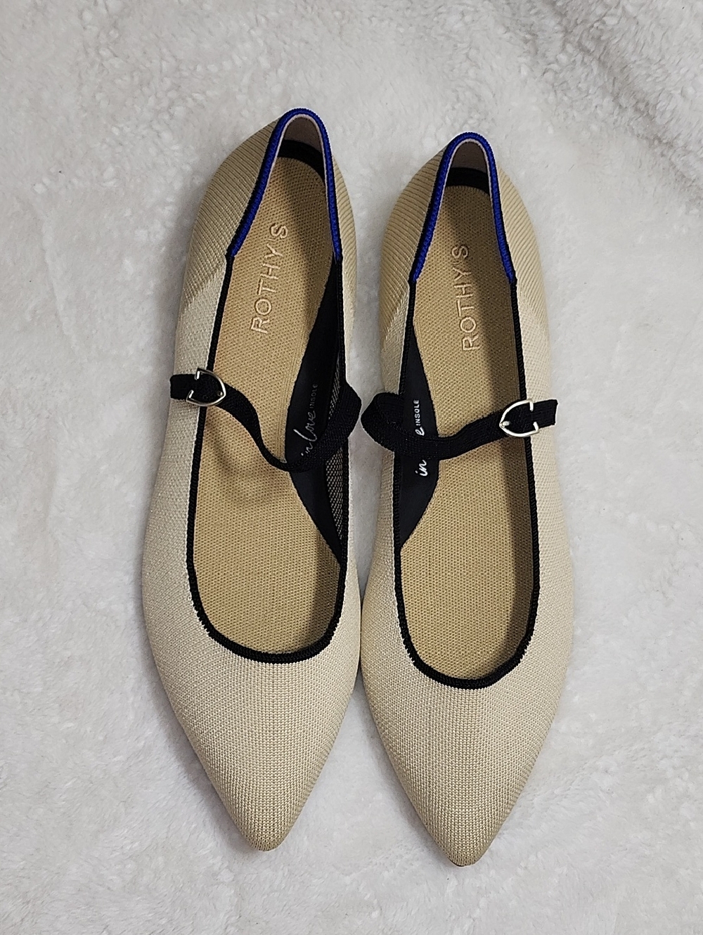 Rothy's The Point Mary Jane II flats beige/sandstone color black strap Sz 13 - Picture 4 of 16